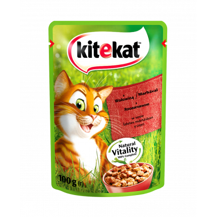 UA KITEKAT™.З яловичиною в соусі. Повнораціонний консервований корм для дорослих котів.