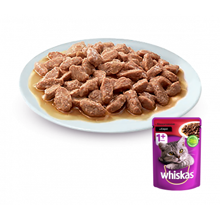 UA Whiskas®. З яловичиною в соусі.Повнораціонний консервованний корм для дорослихкотів.  
