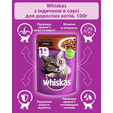 З індичкоюв соусі UA Whiskas® Повнораціонний консервований корм для дорослих котів.