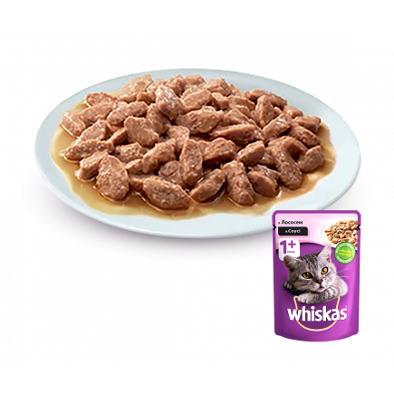 UA Whiskas®. З лососем в соусі. Повнораціонний консервованний корм для дорослихкотів.
