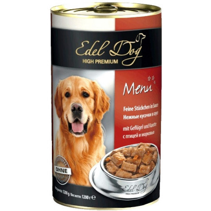 Консерва EDEL DOG ніжні шматочки в соусі для собак з птицею та морквою, 1,2кг