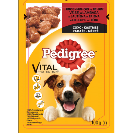 UA PEDIGREE®. З яловичиною та ягням в соусі. Повнораціонний консервований корм для дорослих собак.